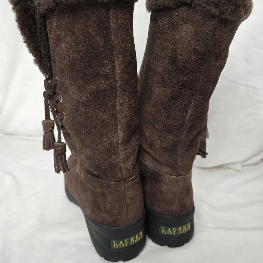 Lauren Ralph Lauren Tadina Brown Suede Nubuck Lamb Fur Shearling Boots s…